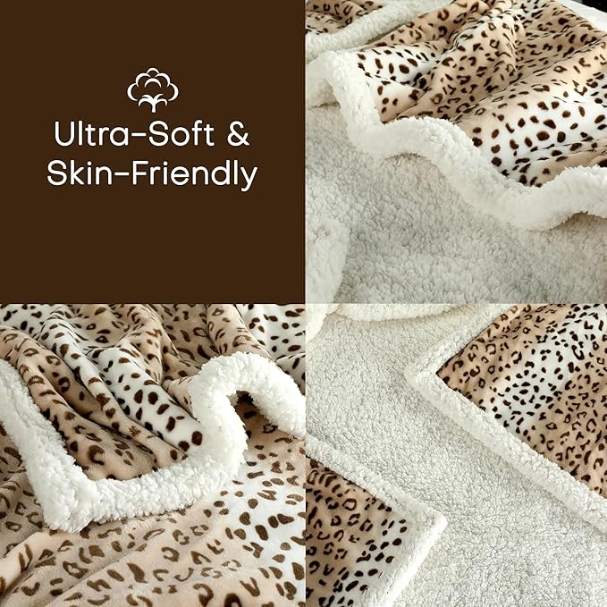 Electric Heated Blanket Queen Size 84"x90" - Microplush & Sherpa Fabric Dual-Sided, 9 Heat Settings & 10 Hours Auto Off, Cozy Warming Throw for Office or Bed, Machine Washable, Beige Leopard Print