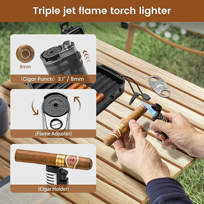 Flauno Travel Cigar Humidor Case - Portable Humidor Kit with Lighter (Without Gas), Cutter, Holder, Humidifier & Dropper, Waterproof, Crushproof, Airtight Seal (Holds up to 10 Cigars)