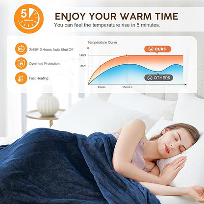 HYLEORY Heated Electric Blanket Throw, 2-Layer Cozy Warm Flannel 62" x 84", Heating Blanket with 9 Heating Levels, 2/4/6/10 Hours Auto Off, Fast Heating Winter Blanket, Navy Blue