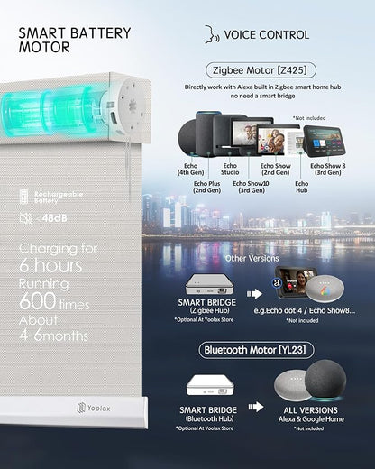 Yoolax Motorized Solar Shades, Light Filtering Motorized Blinds with Remote Smart Blinds Compatible Flame Retardant Roller Shades for Windows Home Office Custom Size (5% Openness Textured Gray)