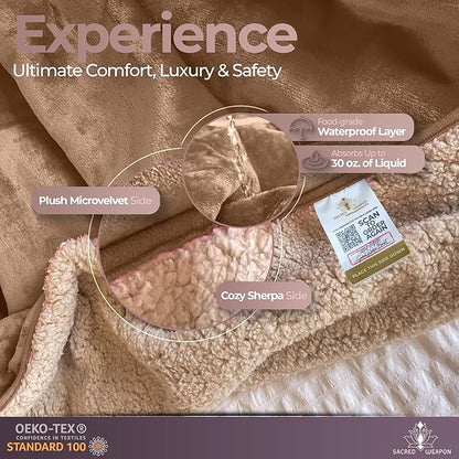 Sacred Weapon Waterproof Blanket Queen/Twin Size 50"x80" - Ultra-Soft Fleece Top & Sherpa Back - Noiseless, Absorbent Bed Protector - Machine Washable for Kids, Pets, Elderly Care - Beige
