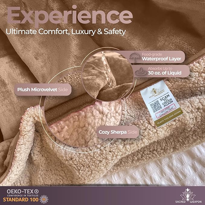 Sacred Weapon Waterproof Blanket for Bed – Mini Sherpa & Fleece Throw – Waterproof Blanket for Couch Cover & Mattress Protector, Absorbent, Washable, Spill Proof – Travel Blankets (Beige, 40x45)