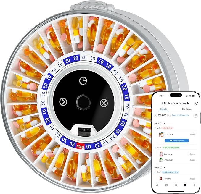 Colorwing® 2025 Smart Pill Dispenser for Seniors - 31-Slot Automatic Medication Organizer with Bluetooth Alarms, Fingerprint & Mechanical Dual Lock, Daily Timed Dispenser (Elderly-Friendly Design)