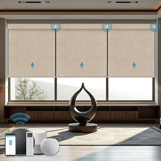 Motorized Shades with Remote,100% Blackout Smart Shades Work with Homekit, Alexa, Google Home, Remote Control, Electric Blinds with USB/Solar Pannel Charging, Linen Caramel