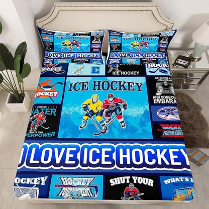 Manfei Hockey Puck Kids Sheet Queen Size, Easy Wash Bedding Set,Geometric Grid Patchwork Kids Room Decor,Blue Sheet(Fitted+Flat+2 Pillowcases)