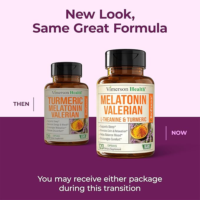 Melatonin 3mg Sleep Aid with L-Theanine & Valerian Root – Turmeric Curcumin Supplement with Ginger & Black Pepper – Organic Turmeric Supplement for Sleep, Calm and Stress Relief Support – 120 Capsules