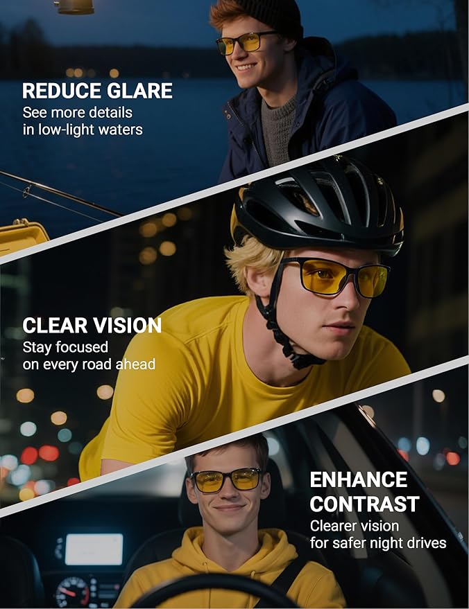 TIJN Night Driving Glasses, Anti-Glare Night Vision Glasses for Driving Women Men, UV Protection, Ultra-Light TR90, Yellow Lens, 2 Pack