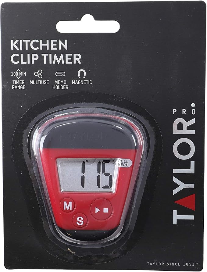 Taylor Kitchen Timer, Professional Portable Digital Timer with Memo Clip and Magnetic Back, Stopwatch Function, Red & Black,4 x 5.5 x 7 cm