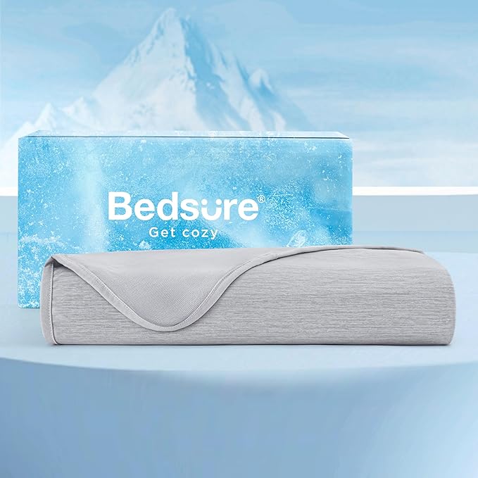 Bedsure Light Grey Cooling Blanket Queen Size for Hot Sleepers - Summer Cold Blanket for Queen Size Bed with Rayon Derived from Bamboo, Ice Cool Cold Arc-Chill Thin Summer Bedding Essentials, 90x90