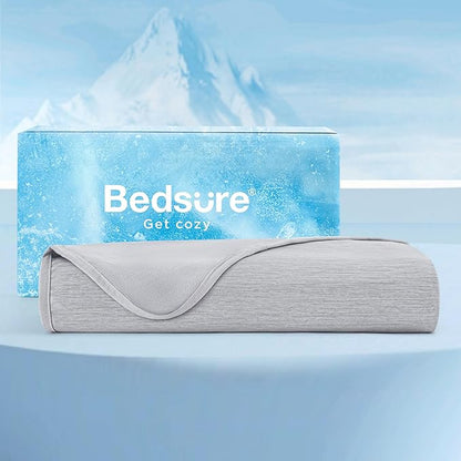 Bedsure Light Grey Cooling Blanket Queen Size for Hot Sleepers - Summer Cold Blanket for Queen Size Bed with Rayon Derived from Bamboo, Ice Cool Cold Arc-Chill Thin Summer Bedding Essentials, 90x90
