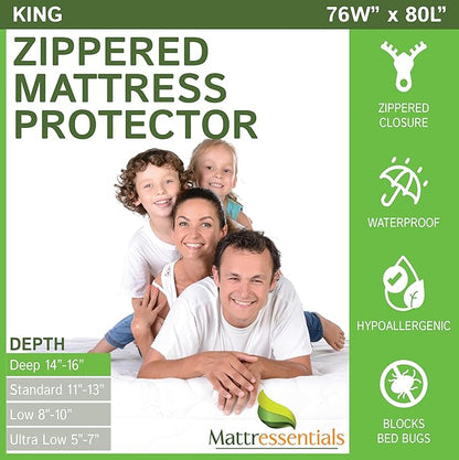 Zippered King Mattress Protector (14"-16" Depth) - Bed Bug Waterproof Mattress Cover, Premium Quality Hypoallergenic Encasement White