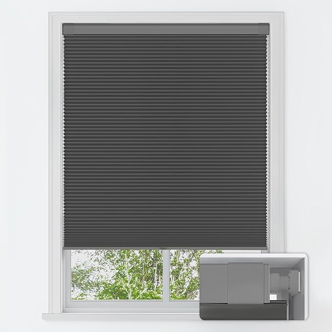 LazBlinds No Tools No Drill Cordless Cellular Shades, Blackout Light Blocking Honeycomb Shades for Home, Thermal Insulation Blinds for Windows, 38" W x 64" H, Black