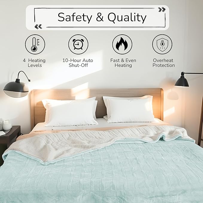 Electric Heated Blanket Queen Size 84"x90" - Dual-Sided with Microplush & Sherpa Fabric, 4 Heat Settings & 10 Hours Auto Off, Dual Controller, Machine Washable - Spring Green