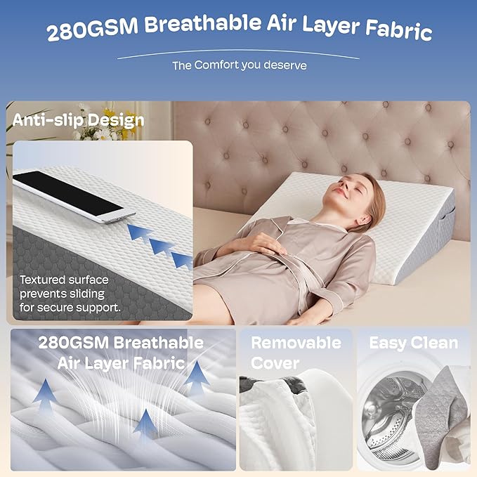 Wedge Pillow, Wedge Pillow for Acid Reflux, Back Pain Relief, Cooling Memory Foam Top, Bed Wedge Pillows for Headboard, Sleeping, Snoring, Back Support, After Surgery. 24*24*7.5inch wedge pillow