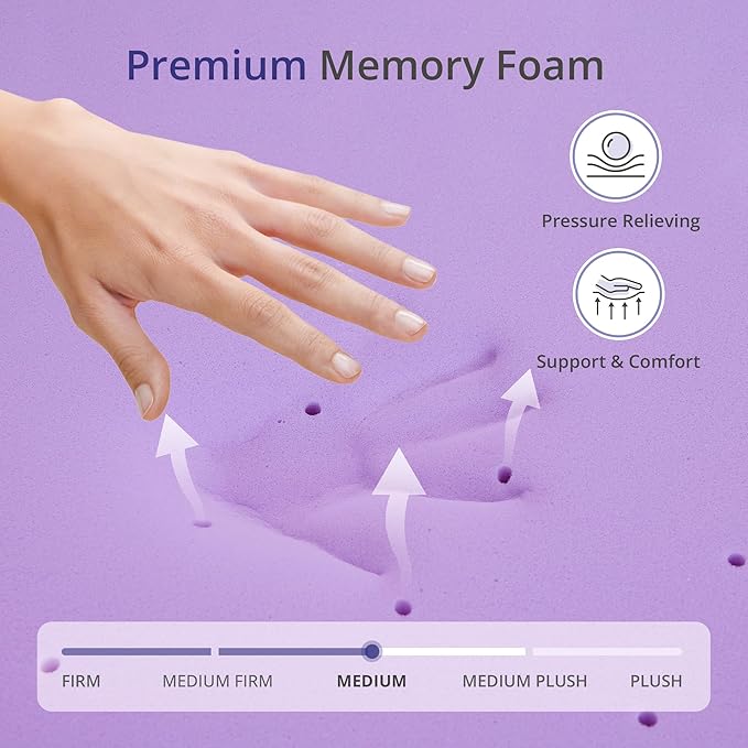 2 Inch King Lavender Scented Memory Foam Mattress Topper for Pressure Relieving, Ventilated for Cooling Sleep, CertiPUR-US Certified, Medium Feel Mattress Pad in a Box, 76"x80", King Size