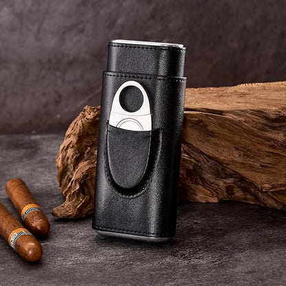 Leather Cigar Case, Travel Humidor Set, 3 Pack Black Cedar Wood Box with Cigar Cutter & Towel, Gift for Men, Portable Cigar Holder for Home & Travel, Mirror Base humidifiers Box Accessories