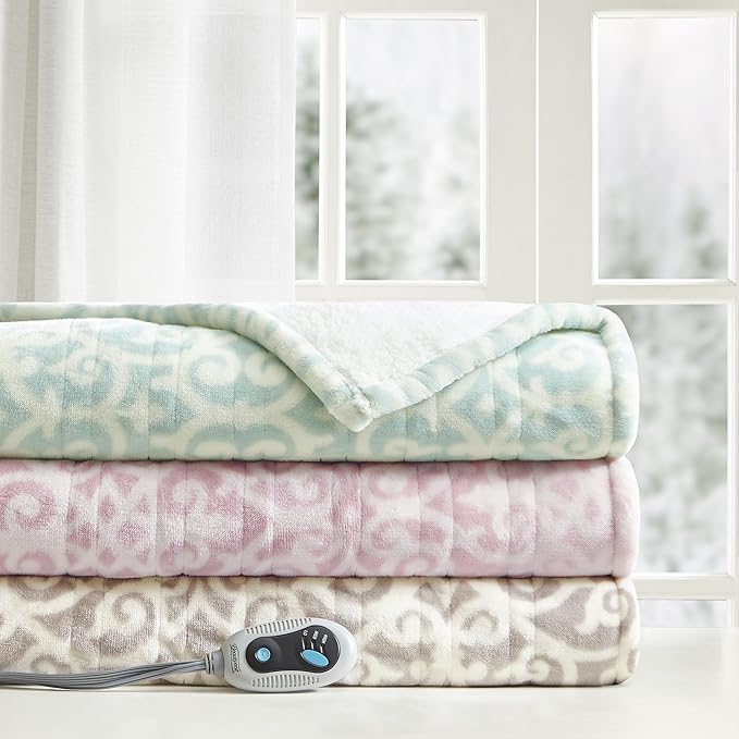 Beautyrest Wearable Electric Poncho Wrap Blanket, Ultra Soft Sherpa & Berber Fleece Heated Throw, Low EMF, UL Certified, 3 Heat Settings & 2hr Auto Shutoff, Gift-Ready, 50" x 64", Dusty Blue Lattice