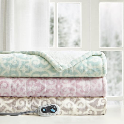 Beautyrest Wearable Electric Poncho Wrap Blanket, Ultra Soft Sherpa & Berber Fleece Heated Throw, Low EMF, UL Certified, 3 Heat Settings & 2hr Auto Shutoff, Gift-Ready, 50" x 64", Dusty Blue Lattice