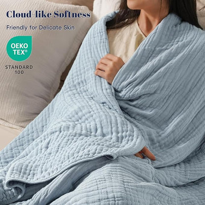 PHF Cooling Muslin Blanket King Size 104"x80", 6-Layer Lightweight Gauze Blanket Made from 35% Rayon Derived from Bamboo & 65% Cotton, Breathable & Ultra Soft Cozy for Hot Sleepers, Dusty Blue