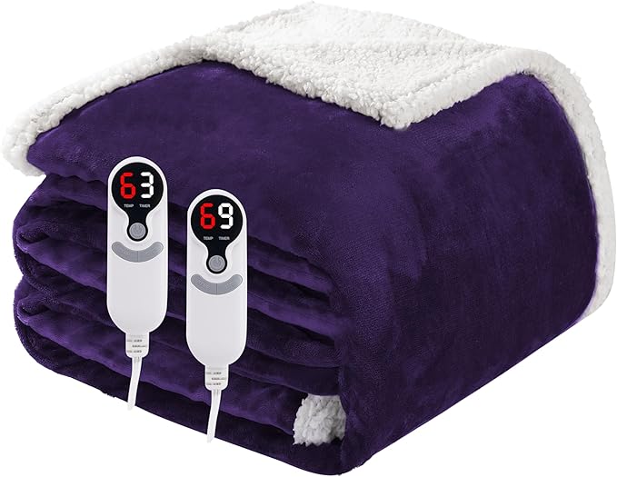 Electric Heated Blanket Queen Size 84"x90", Soft Flannel with Dual Controllers & Overheat Protection, 9 Adjustable Heat Settings & 10-Hour Auto-Off Timer, Fast Heating for Winter Comfort, Dark Purple