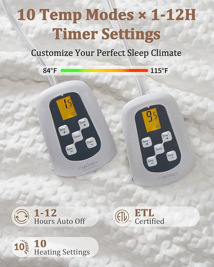 CAROMIO Heated Blanket King Size with LCD Dual Controller, Waffle Weave Fast Heating Electric Blankets, 10 Heat Levels & 1-12H Time Settings, ETL Certified, Machine Washable, Off White, 100" x 90"