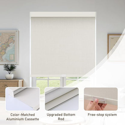 AOSKY Linen Roller Blinds Shades for Indoor Windows Pull Down Cordless Blackout Black Out Window Shade 45 Inch Blinds for Home Beige