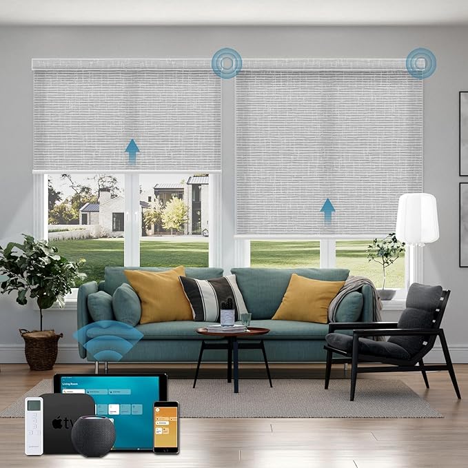 Motorized Light Filtering Roll Shades Work with HomeKit, 70% Blackout Motorized Blinds for Windows, Electric Blinds with Remote, APP/Voice Control, Automatic Solar Shades, Texture Smoke