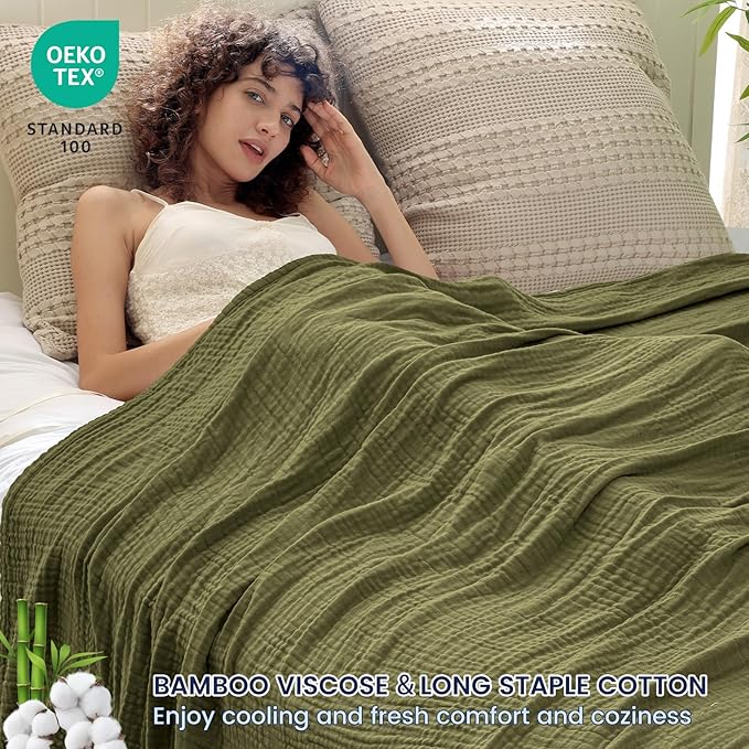 PHF Cooling Muslin King Blanket for Hot Sleepers, 60% Viscose from Bamboo, 40% Cotton and 4-Layer Breathable Gauze Blanket for Bed Couch, 108"x90", Olive Green