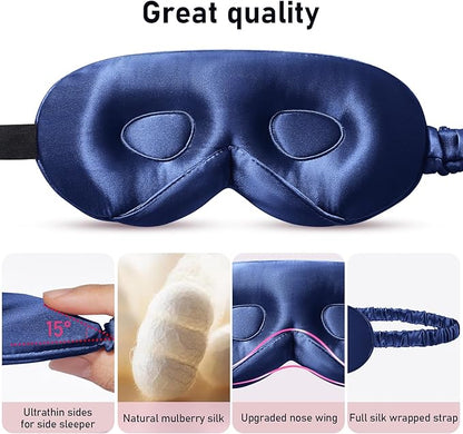 LitBear 100% 22 Momme Mulberry Silk Sleep Mask - 3D Contoured Eye Mask for Men Women, Soft Breathable Sleeping Mask with Adjustable Strap, Perfect Blocks Light for Sleeping (Midnight Blue)