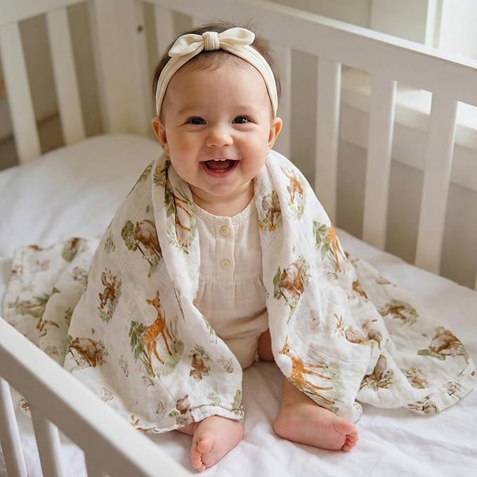 GLLQUEN BABY Receiving Blanket Boy Cotton Muslin Swaddle Blankets Girl Newborn Squares Breathable & Soft Thin Baby Blankets Cloths Double Absorbent Infant Swaddling Wrap - 6 Pack (Deer & Soft Light)