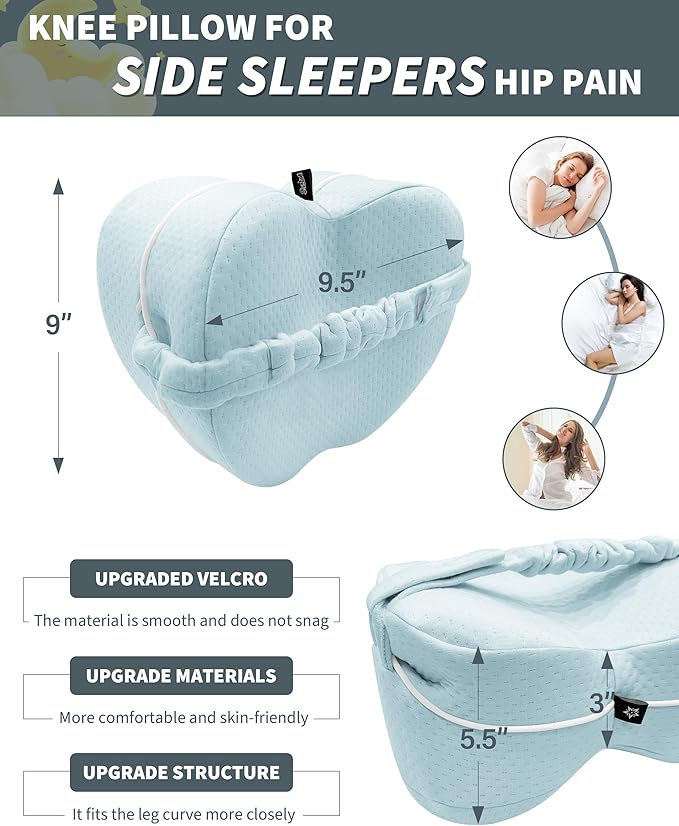 SPRING SEAON Knee Support Pillow for Side Sleepers – Deep Contour Memory Foam Leg Pillow with Adjustable Strap for Sciatica, Hip, Back & Knee Pain Relief – Breathable, Washable Cover, Blue