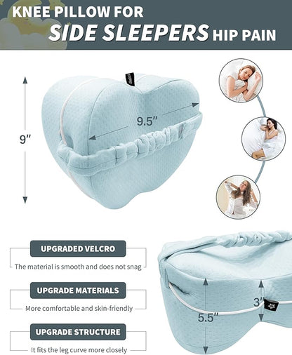 SPRING SEAON Knee Support Pillow for Side Sleepers – Deep Contour Memory Foam Leg Pillow with Adjustable Strap for Sciatica, Hip, Back & Knee Pain Relief – Breathable, Washable Cover, Blue