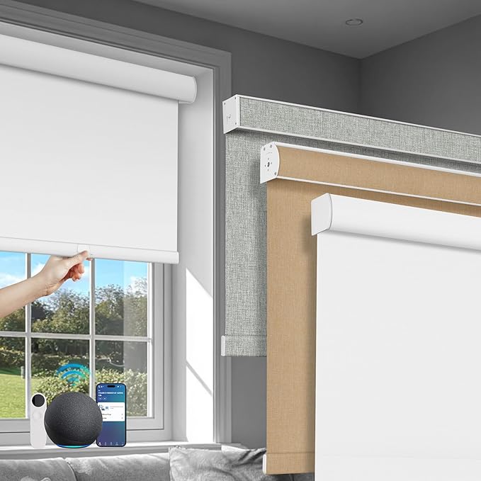 BERISSA Motorized Blinds with Remote,Dual-Control(Manual + Remote) Roller Shades,Blackout&Light Filtering Rechargeable Smart Electric Window Blinds for Home,Office,Custom Color,Custom Size