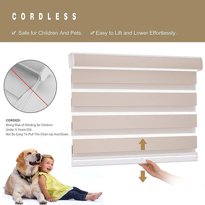 Changshade Cordless Blackout Zebra Blinds for Indoor Windows Sliding Glass Doors, Custom Size Zebra Roller Shades Dual Layer Fabric Light Blocking Darkening for Living Room, Bedroom, Bathroom, Beige
