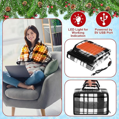 Tuanse 2 Pcs USB Heated Blanket 25"x35" Small Portable 5v 3 Setting Electric Blanket with Timer and Temperature Controller Winter Wearable Recharge Throw for Travel Home(White and Black Stripes)