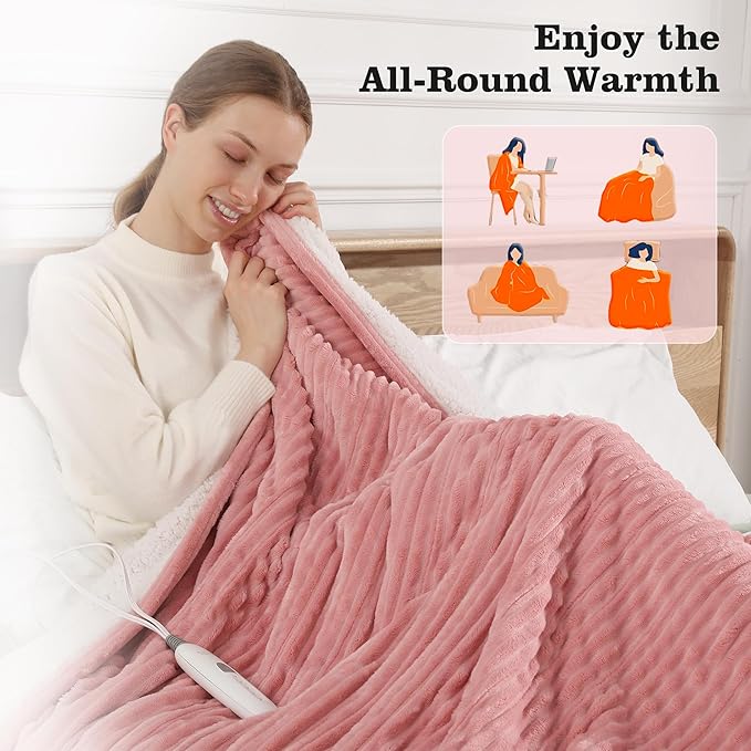 Electric Blanket Full Pink Heated Blanket 72x84 inch, Ultra Soft Flannel Sherpa Warming Blanket for Adults, 5 Heating Levels & 10 Hours Auto-off, Machine Washable Heat Blanket, Great Gifts for Grandma