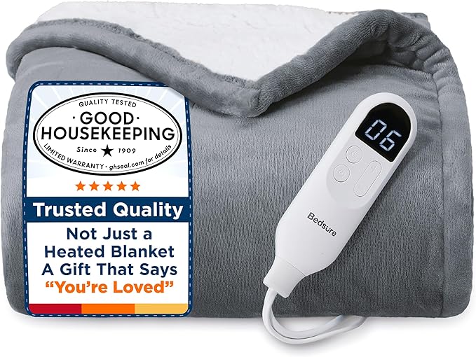 Bedsure Heated Blanket Throw Blanket - Fast Heating Electric Blanket, Soft Flannel Heated Throw with 4 Time Settings, 6 Heating Settings, Warm Gifts for Grandma & Grandpa & Seniors (50"x60", Grey)