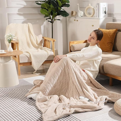 Electric Throw Blanket Heated Throw 50''x60''- Wheat Pattern Flannel & Sherpa Heated Lap Blanket with 5 Heat Settings & 4-Hour Auto Shut-Off, ETL & FCC Certified, Machine Washable Home Use, Beige