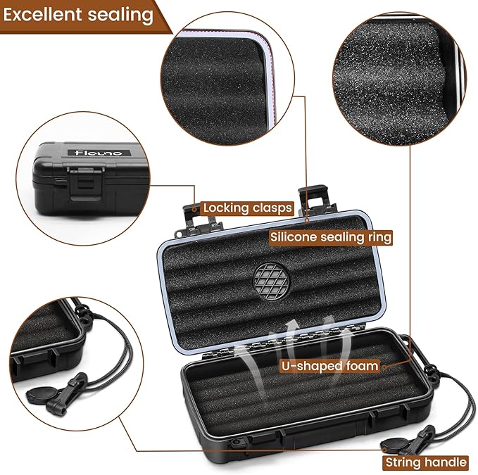 Flauno Travel Cigar Humidor Case - Portable Humidor Kit with Lighter (Without Gas), Cutter, Holder, Humidifier & Dropper, Waterproof, Crushproof, Airtight Seal (Holds up to 5 Cigars)