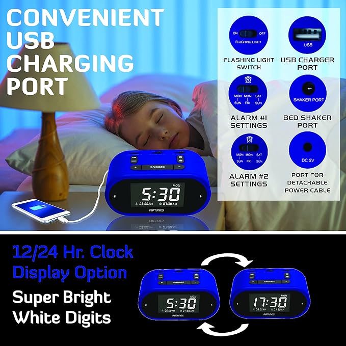 Riptunes Loud Alarm Clock with Bed Shaker for Heavy Sleepers & Hearing Impaired - Dual Alarm for Bedroom Weekday and Weekend Settings USB Charging, Dimmer, Snooze