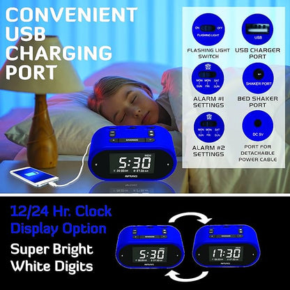 Riptunes Loud Alarm Clock with Bed Shaker for Heavy Sleepers & Hearing Impaired - Dual Alarm for Bedroom Weekday and Weekend Settings USB Charging, Dimmer, Snooze