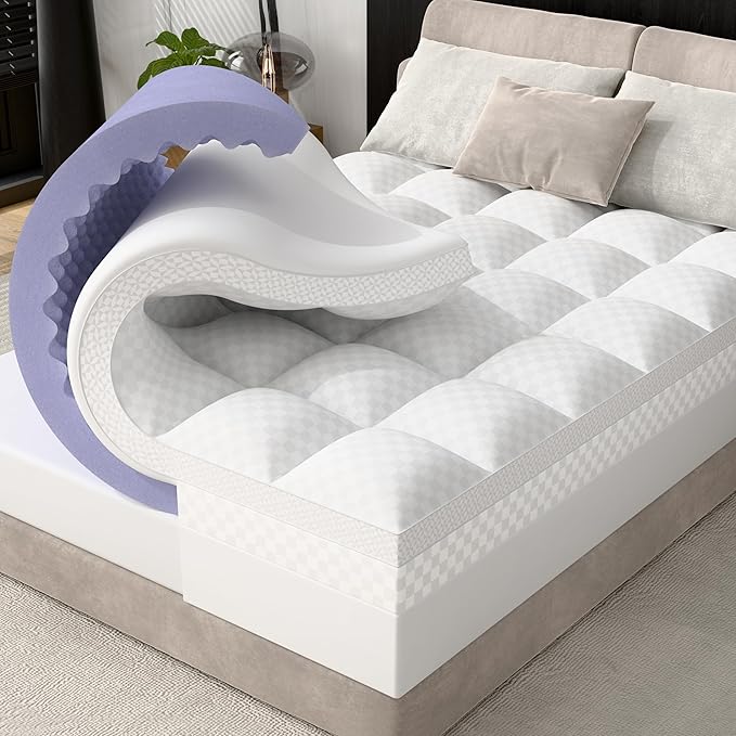 downluxe 4 Inch Queen Memory Foam Mattress Topper Pro Dual Layer 2 Inch Cooling Gel Egg Crate Memory Foam Plus 2 Inch Pillow Top Medium Firm with Deep Pocket