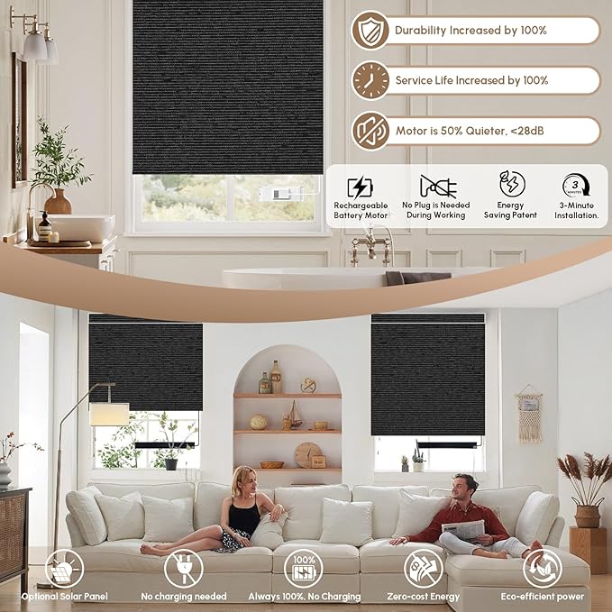 Kincmo No Drill Motorized Blinds with Remote, 100% Blackout Roller Shades for Windows, Custom Electric Blinds Compatible with Alexa, Apple Homekit, Google Home (100% Blackout Eclipse Obsidian Black)