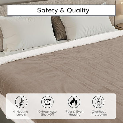 Electric Heated Blanket Full Size 72"x84" - Dual-Sided with Microplush & Sherpa Fabric, 4 Heat Settings & 10 Hours Auto Off, Machine Washable - Light Brown