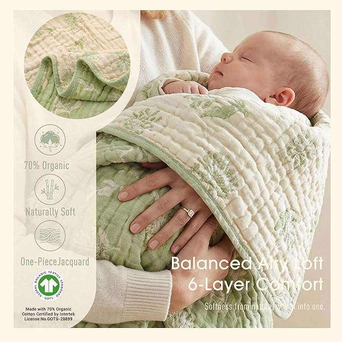 Ultra Soft Muslin Baby Blanket - Made with Organic Cotton, Earthy Botanicals Jacquard Swaddle & Crib Quilt, 43x43 (Sage Green Floral)