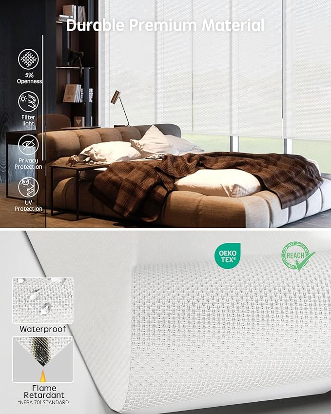 Yoolax Motorized Solar Shades, Flame Resistat Smart Blinds for Windows Motorized Roller Shades, Motorized Blinds Compatible with Alexa Custom Size (Solar-5% Openness White)