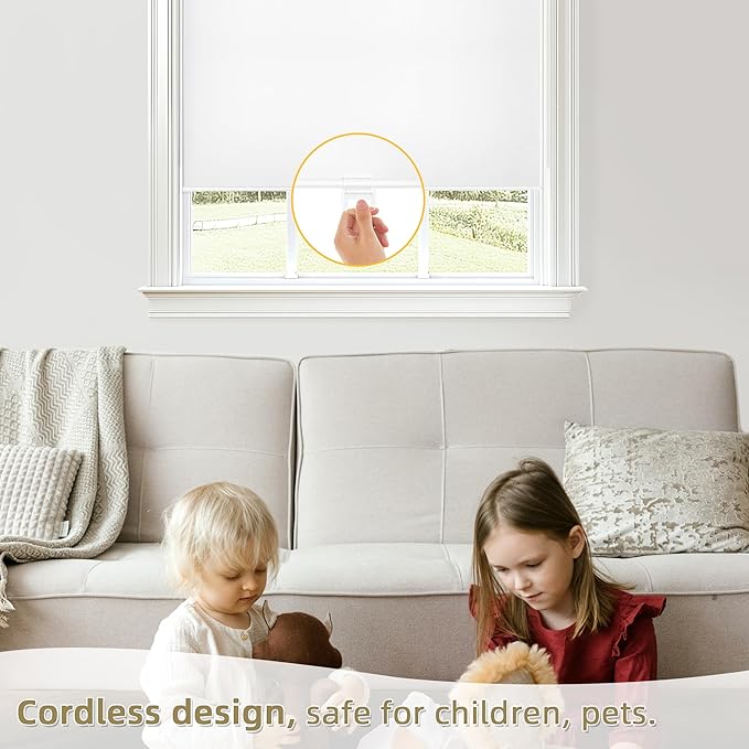 ChrisDowa Cordless Blackout Roller Shades for Windows, Thermal Insulated UV Protection Pull Down Shades, Total Blackout Window Blinds for Home, Office, Bedroom, Door (35" W x 72" H, White)