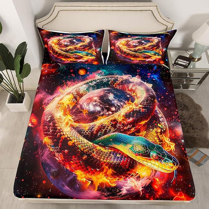 Reptile Snake Fitted Sheet Queen Size,Stars Galaxy Nebula Planets Outer Space Mystical Bedding Set,Boys Girls Room Decor,Noble Animals Flame Trippy Bed Cover,Gothic Bed Sheet,2 Pillowcases