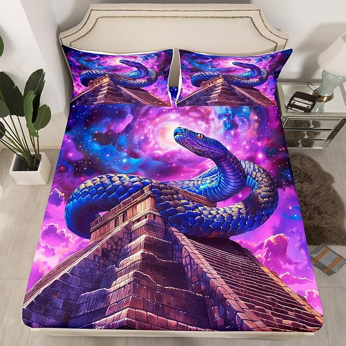 Snake Western Fitted Sheet Full Size,Starry Sky Galaxy Nebula Dreamy Bedding Set,Boys Girls Room Decor,Noble Reptile Animal Egypt Vintage Bed Cover,Purple Romantic Bed Sheet,2 Pillowcases