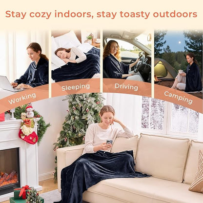 JOLLYVOGUE USB Heated Blanket Throw, Wearable & Portable Heating Electric Blanket for Adults, 3 Levels & 8 Heating Zone Shawl for Indoor & Outdoor, Blue (Battery Not Included)